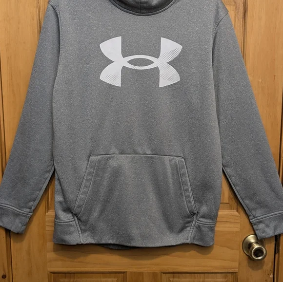 Under Amour UA Men's Med Hoodie Gray Cold Gear Fleece Big Logo Pullover Sweater - Picture 3 of 12